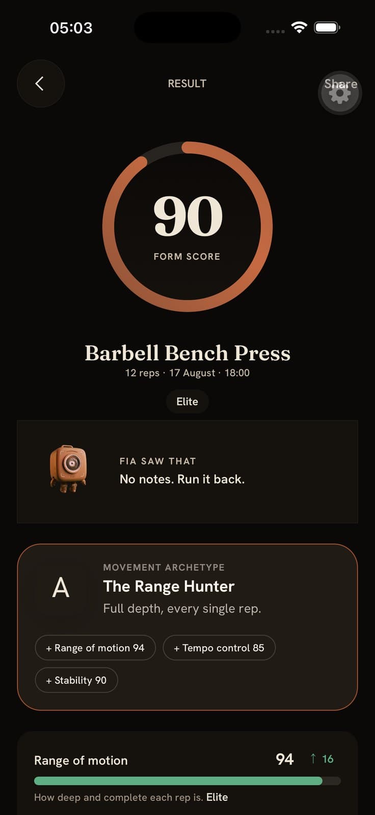 The real FORM score screen: 90, with range, tempo and stability broken out